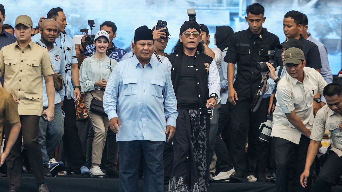 ​Indonesia's Defence Minister and presidential candidate Prabowo Subianto during an election campaign rally ain Sidoarjo, East Java, Indonesia, on February 9, 2024.