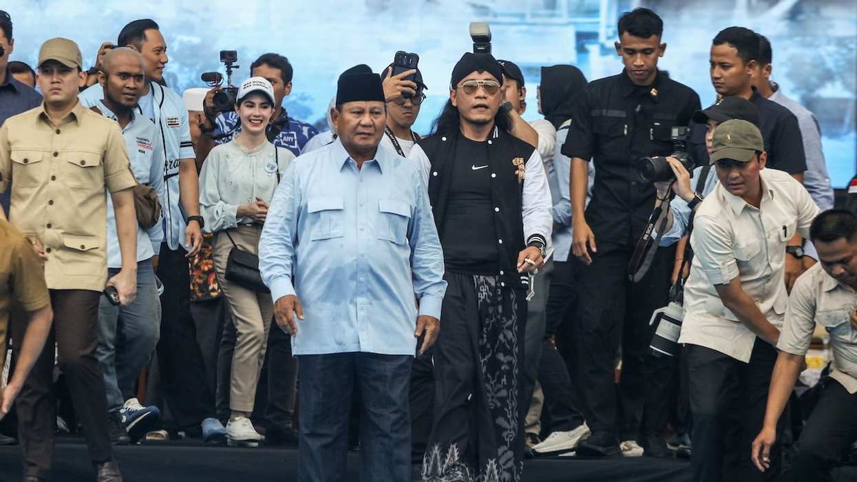 Indonesia's Defence Minister and presidential candidate Prabowo Subianto during an election campaign rally ain Sidoarjo, East Java, Indonesia, on February 9, 2024.
