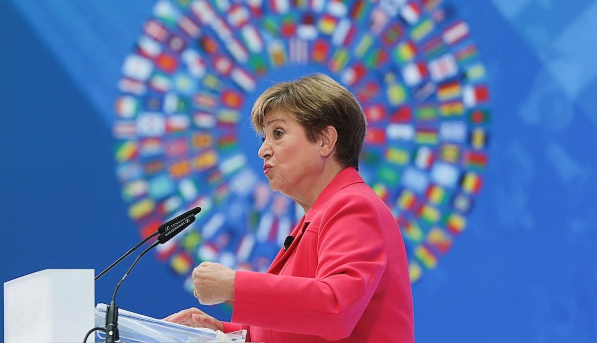 ​International Monetary Fund Managing Director Kristalina Georgieva delivers remarks on the global economy ahead of the IMF/World Bank Spring Meetings, at the IMF headquarters in Washington, DC,  on April 17, 2025. 