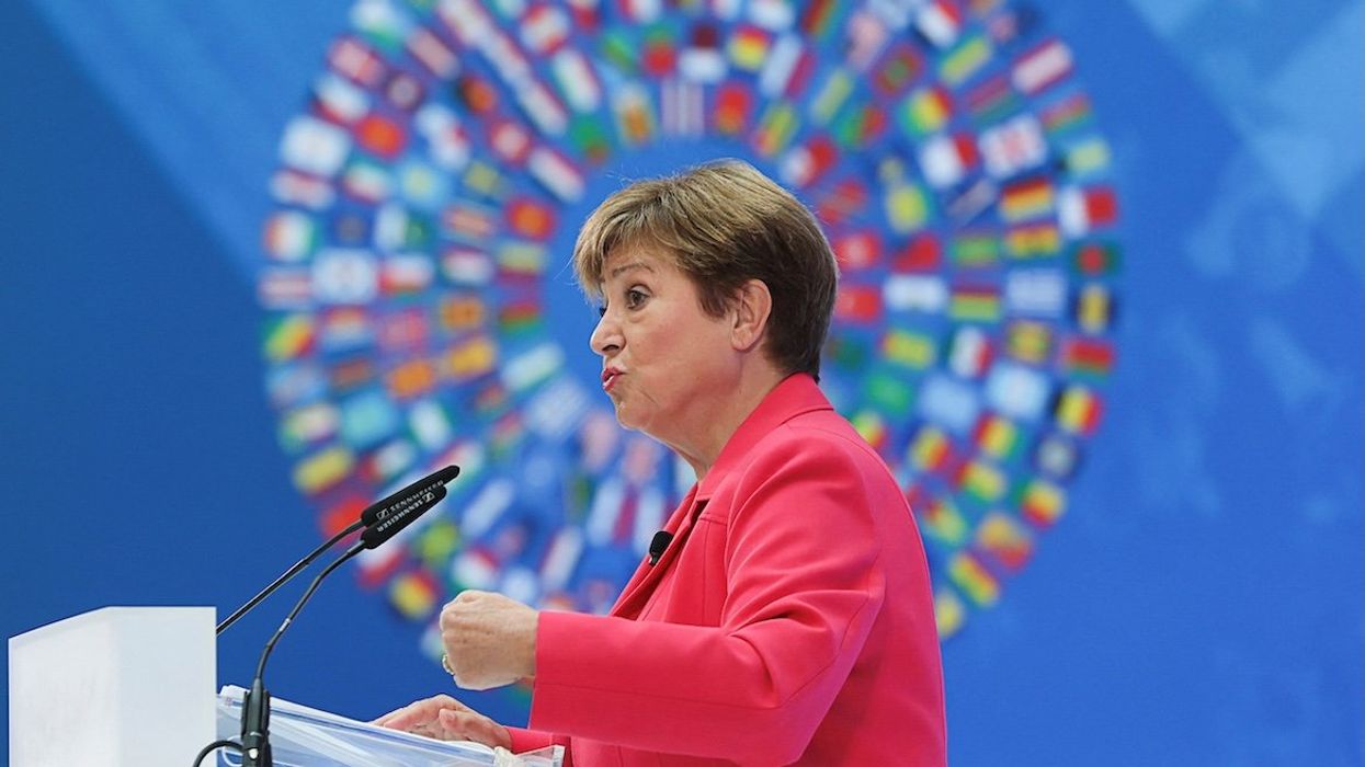 International Monetary Fund Managing Director Kristalina Georgieva delivers remarks on the global economy ahead of the IMF/World Bank Spring Meetings, at the IMF headquarters in Washington, DC, on April 17, 2025.