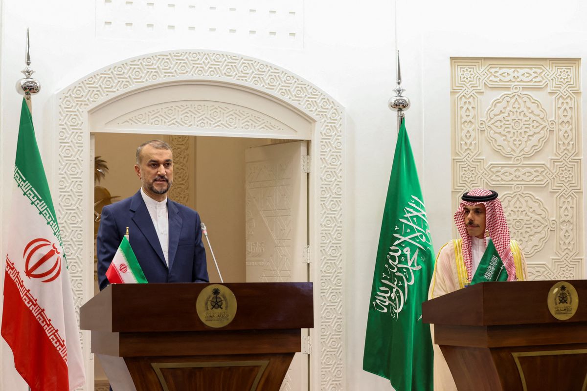 Iran's Foreign Minister Hossein Amir-Abdollahian and Saudi Arabia's Foreign Minister Prince Faisal bin Farhan Al Saud hold a press conference in Riyadh, Saudi Arabia.