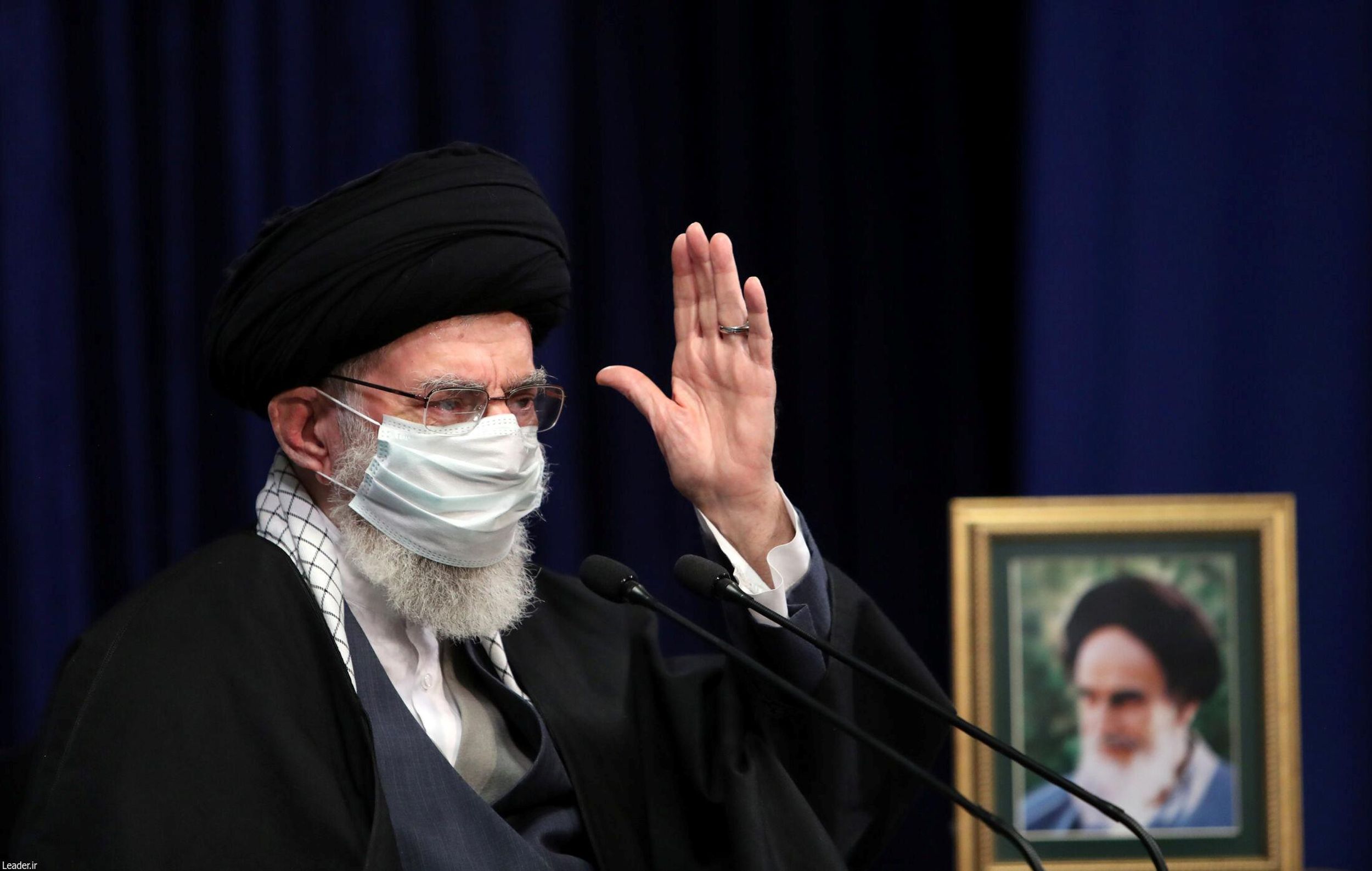 Iran's Supreme Leader Ayatollah Ali Khamenei wears a mask during a virtual speech, in Tehran, Iran February 17, 2021.