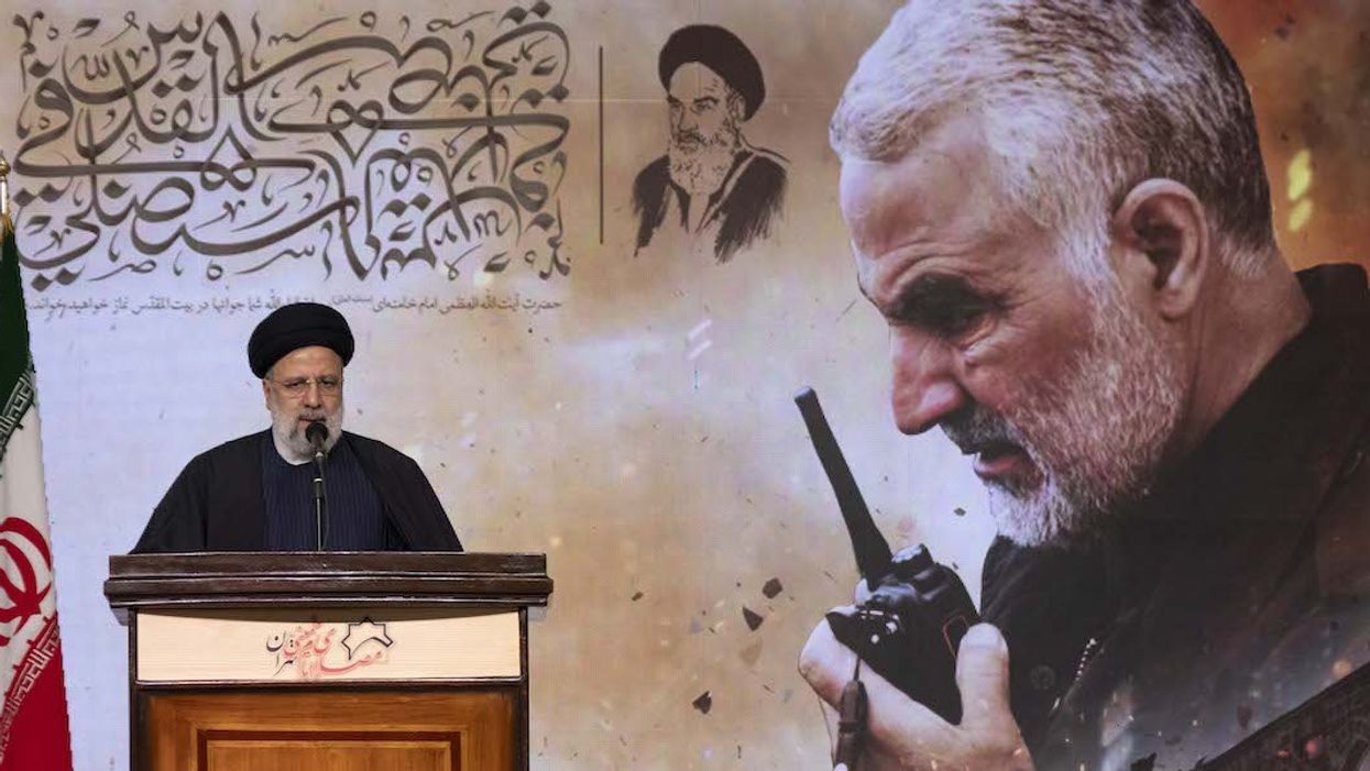 Iranian President Ebrahim Raisi speaking during a ceremony commemorating the anniversary of the killing of Gen. Qassim Soleimani, at the Imam Khomeini Grand Mosque in downtown Tehran, Iran, on January 3, 2024.