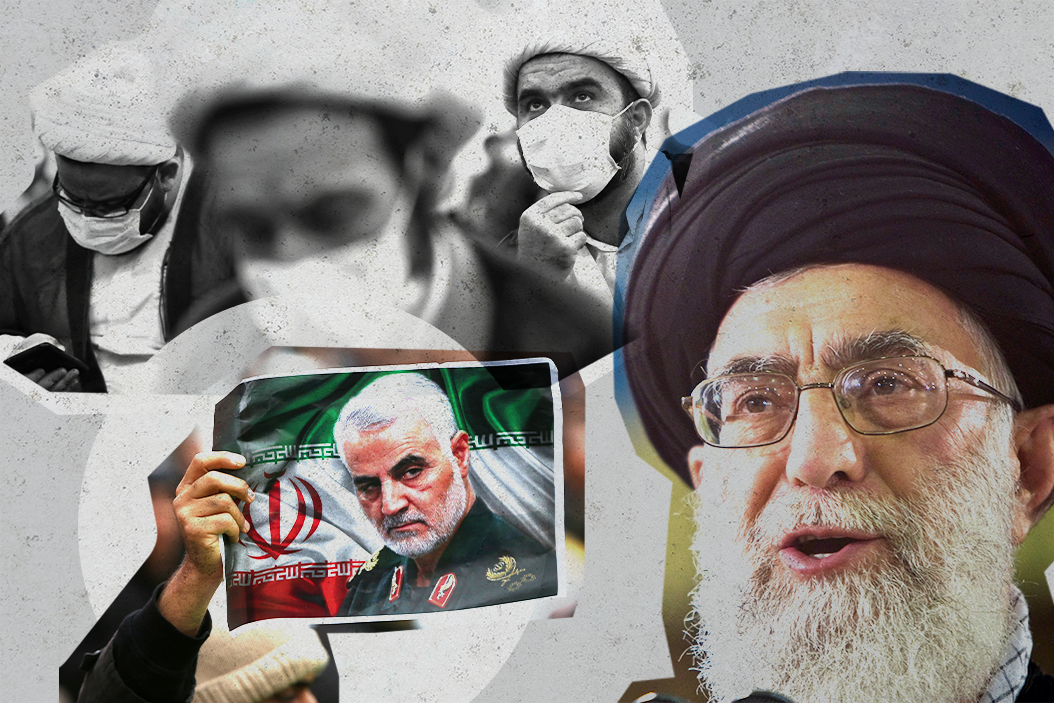 Iranian Supreme Leader Ayatollah Ali Khamenei, Iranians wearing anti-COVID face masks and mourning Qassem Soleimani.