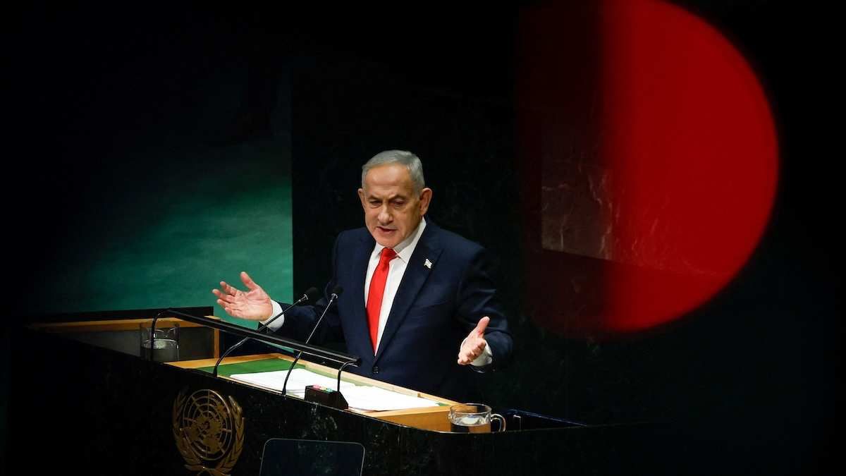 Israel's Prime Minister Benjamin Netanyahu addresses the 81st United Nations General Assembly (UNGA) at UN headquarters in New York City.