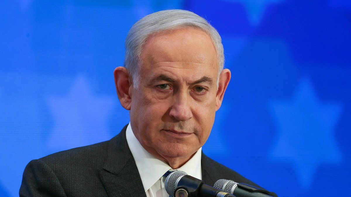 Israeli Prime Minister Benjamin Netanyahu addresses the Conference of Presidents of Major American Jewish Organizations in Jerusalem, February 18, 2024.