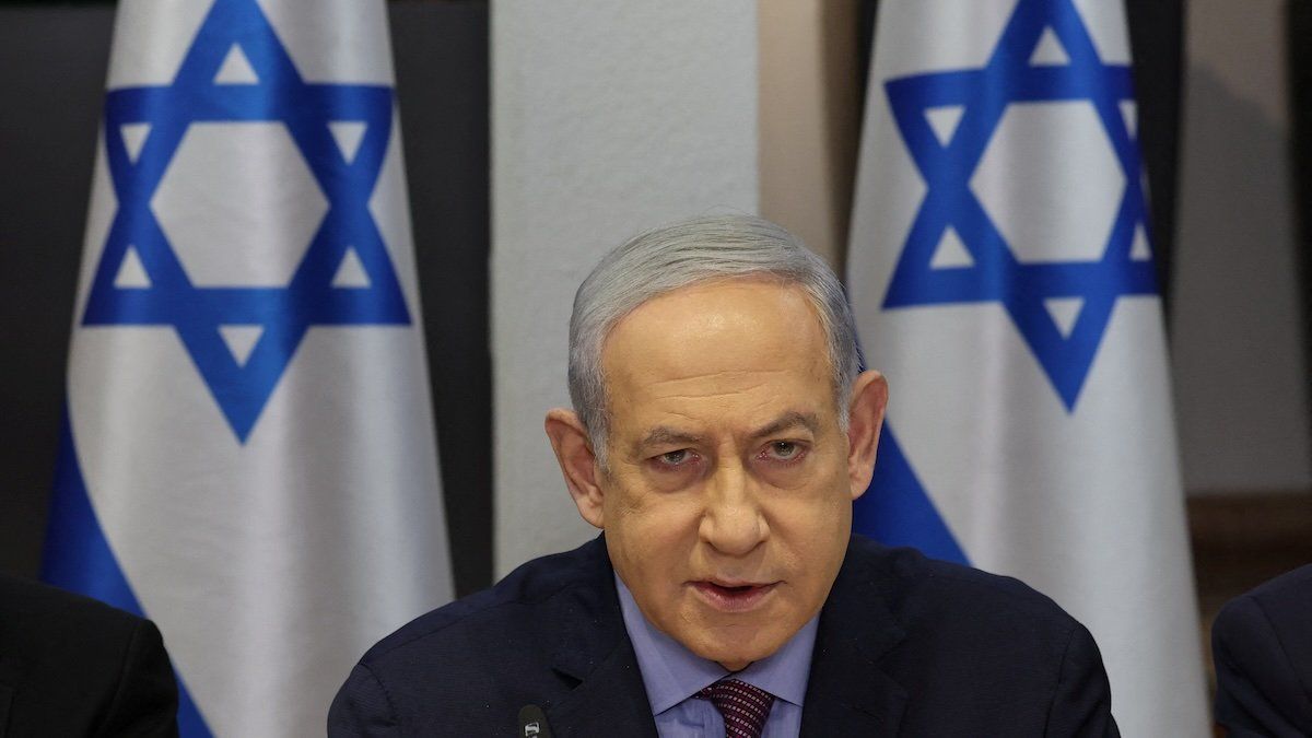 Israeli Prime Minister Benjamin Netanyahu attends the weekly cabinet meeting at the the Kirya military base in Tel Aviv, Israel, 31 December 2023.