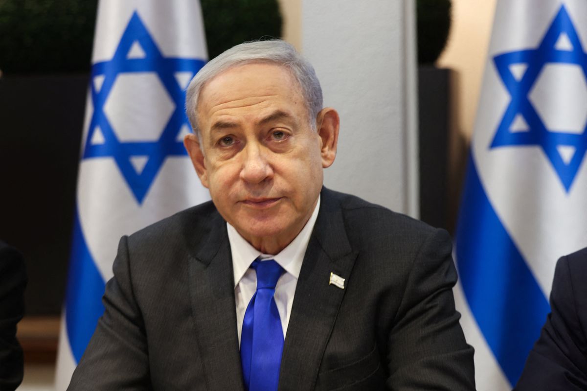 ​Israeli Prime Minister Benjamin Netanyahu chairs a Cabinet meeting at the Kirya, which houses the Israeli Ministry of Defence, in Tel Aviv, Israel on December 17, 2023. 
