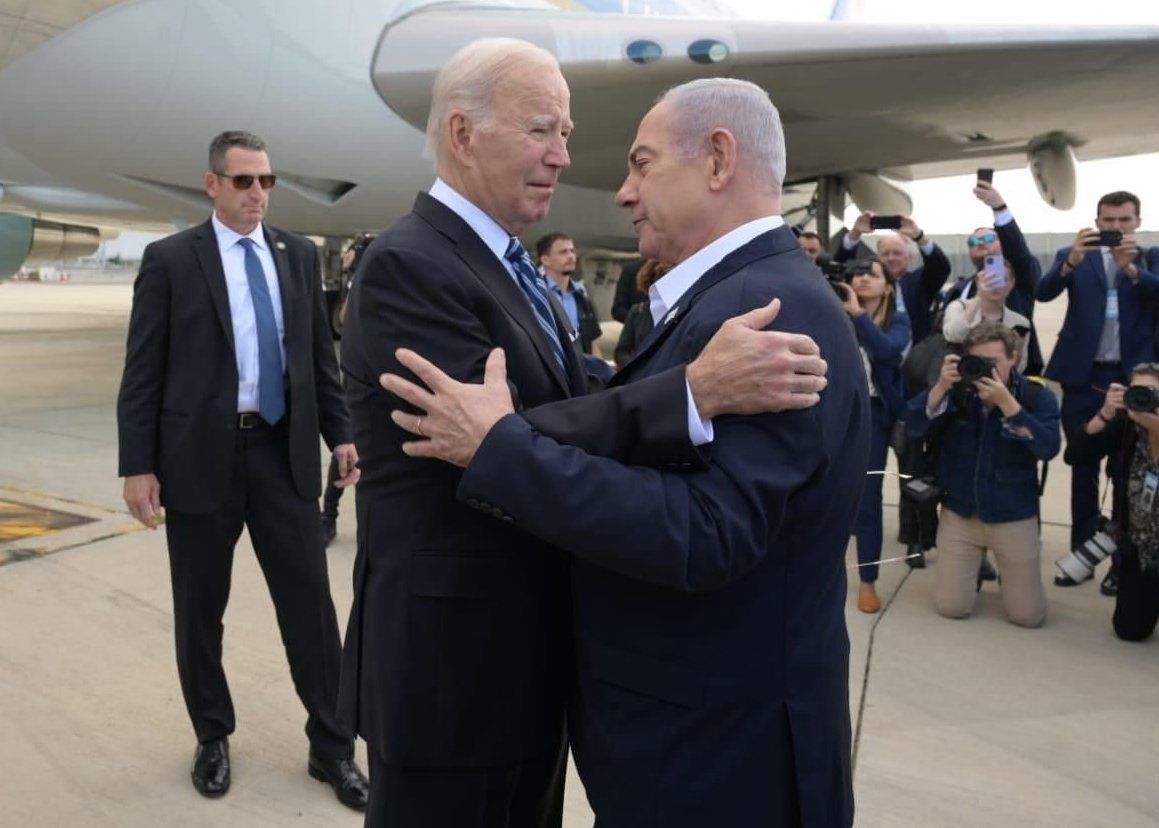 ​Israeli Prime Minister Benjamin Netanyahu welcomes US President Joe Biden upon his arrival in Israel on Wednesday, Oct. 18, in a show of solidarity following the unprecedented Hamas attack mounted from Gaza.