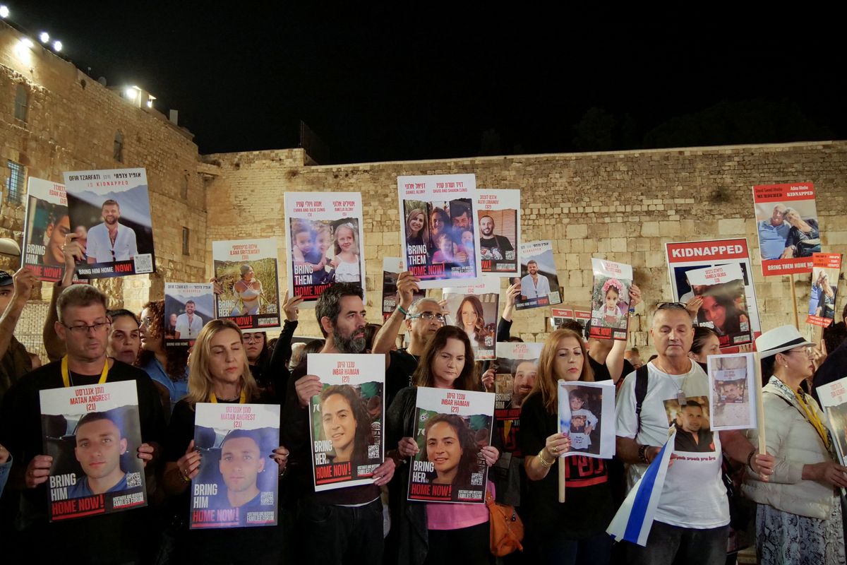 Israeli take part in a gathering and prayer by the Western Wall in the Old City of Jerusalem, Judaism's holiest prayer site, calling for the release of the hostages taken by the Palestinian Islamist group Hamas in the October 7 attack, in Jerusalem, November 7, 2023