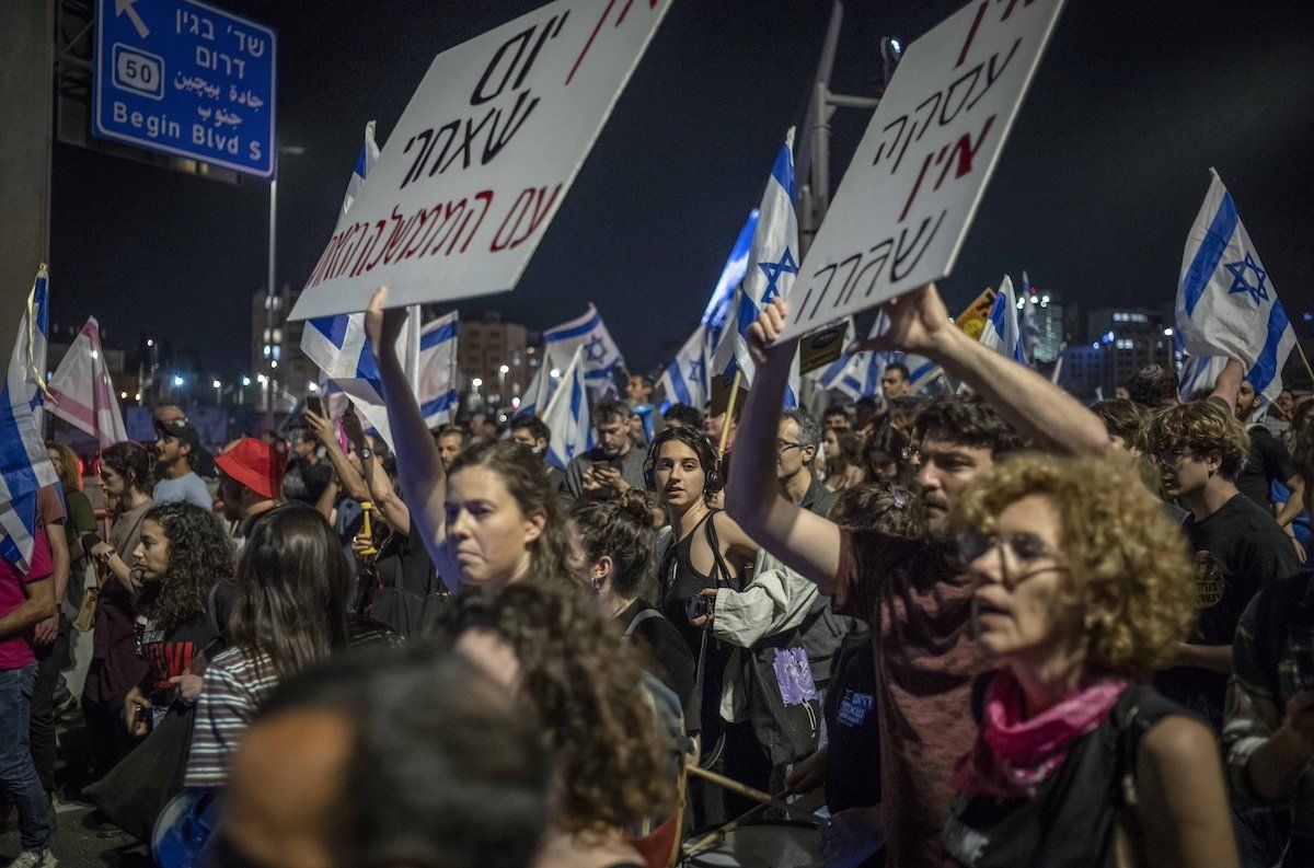 Israelis block roads during a protest in Jerusalem.