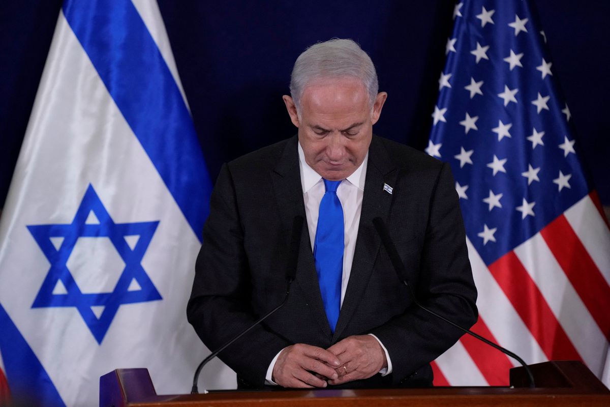 Israel’s Prime Minister Benjamin Netanyahu makes a statement to the media inside The Kirya, which houses the Israeli Ministry of Defense, after a meeting with U.S. Secretary of State Antony Blinken, in Tel Aviv, Israel, Thursday Oct. 12, 2023.