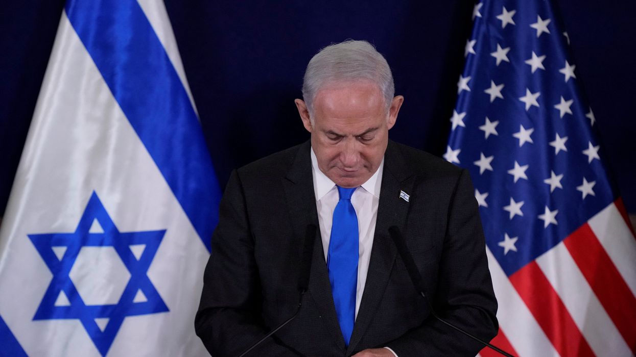Israel’s Prime Minister Benjamin Netanyahu makes a statement to the media inside The Kirya, which houses the Israeli Ministry of Defense, after a meeting with U.S. Secretary of State Antony Blinken, in Tel Aviv, Israel, Thursday Oct. 12, 2023.