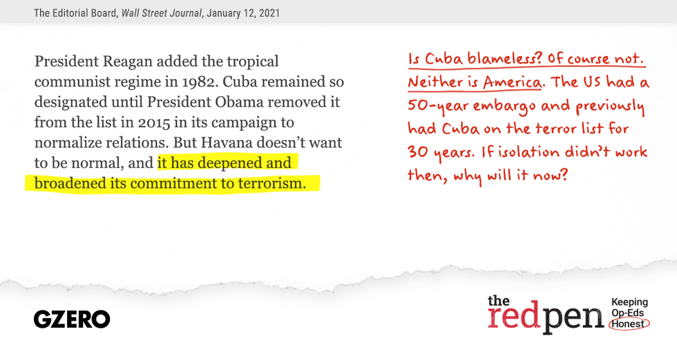 "...it has deepened and broadened its commitment to terrorism." Is Cuba blameless? Of course not. Neither is America.