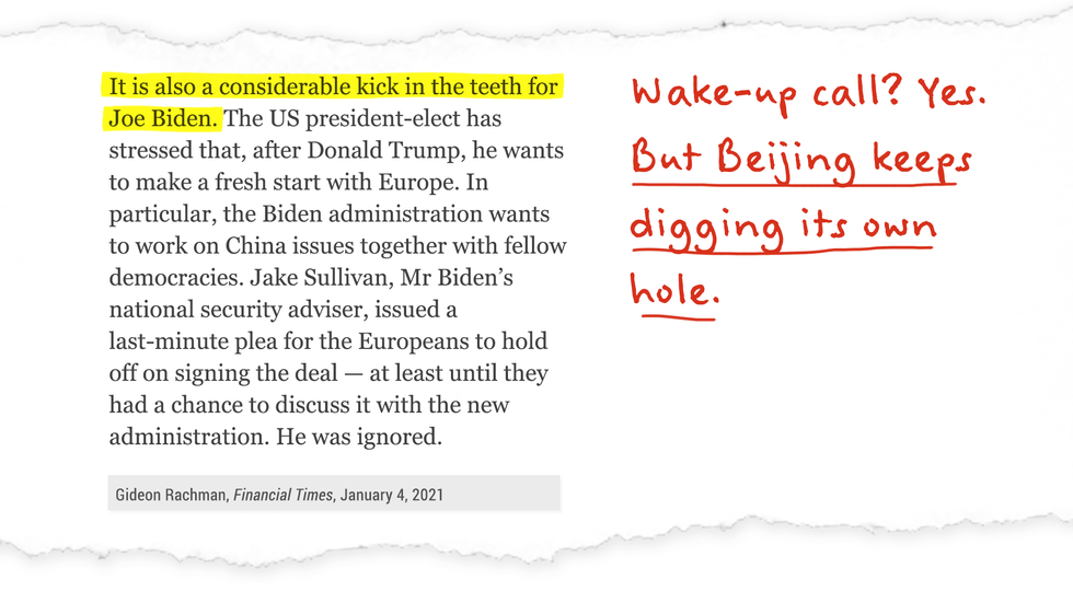 "It's also a considerable kick in the teeth for Joe Biden." Wake-up call? Yes. But Beijing keeps digging its own hole.