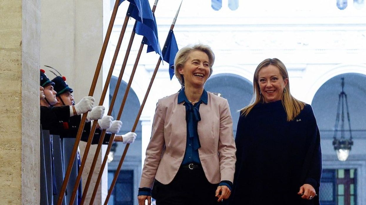 Italian Prime Minister Giorgia Meloni welcomes European Commission President Ursula von der Leyen at Chigi Palace, in Rome, Italy, January 9, 2023.