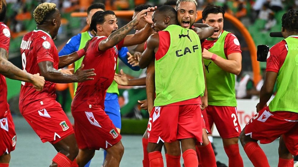 January 22, 2024. AFCON 2023, Pablo Ganet celebrates his goal in the final round of group stage match between Equatorial Guinea vs Ivory Coast, Stade Olympique Alhassane Ouattara, Abidjan, Cote D Ivoire.