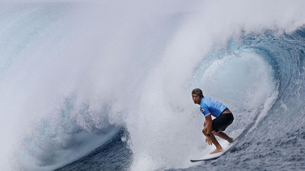 Japan's Kanoa Igarashi competes in the third round of the men's surfing event at the Paris Olympics in Teahupo'o, Tahiti, on July 29, 2024. Igarashi lost to Gabriel Medina of Brazil.