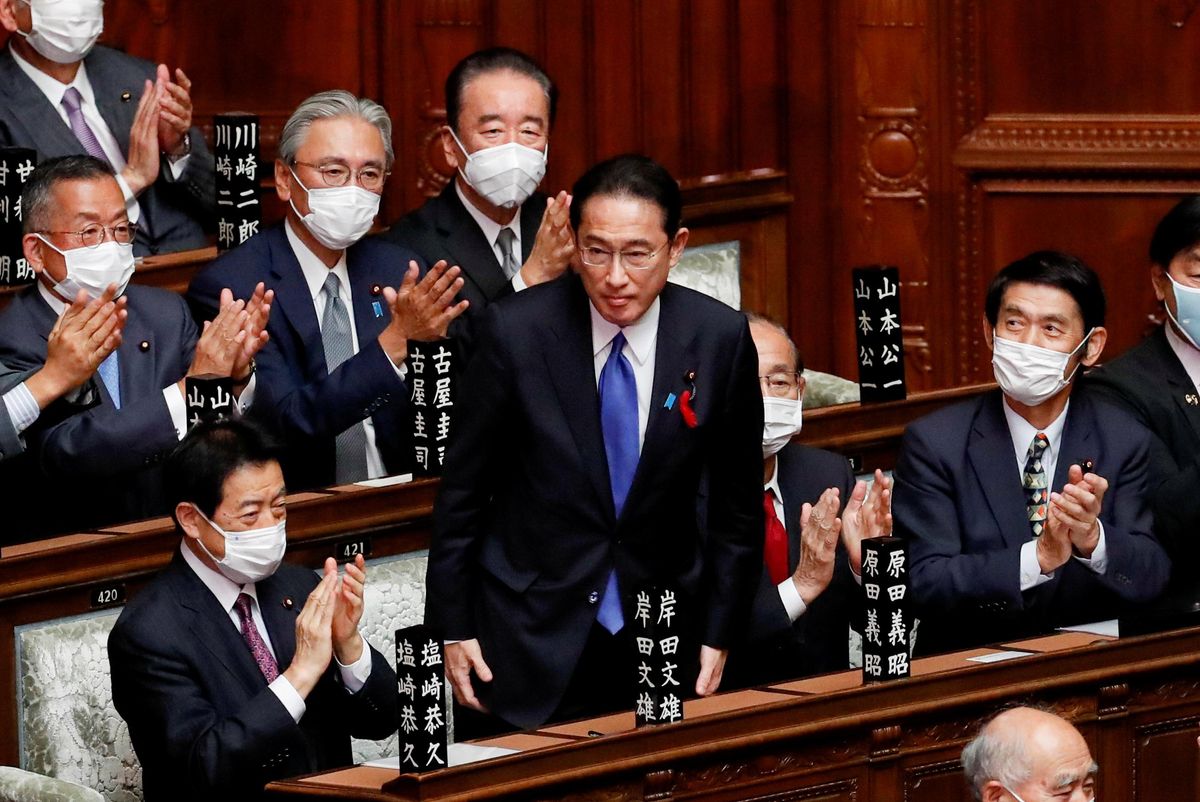 Japan's newly-elected Prime Minister Fumio Kishida is applauded after being chosen as the new prime minister, at the Lower House of Parliament in Tokyo, Japan October 4, 2021.