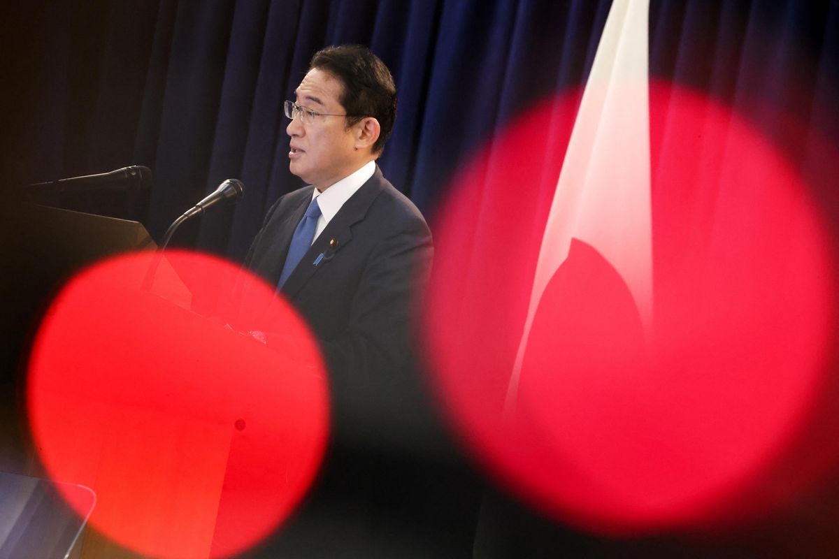 Japan's Prime Minister Fumio Kishida speaks at a news conference during the 77th UN General Assembly in New York.