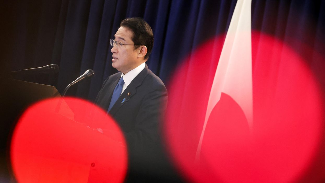 Japan's Prime Minister Fumio Kishida speaks at a news conference during the 77th UN General Assembly in New York.
