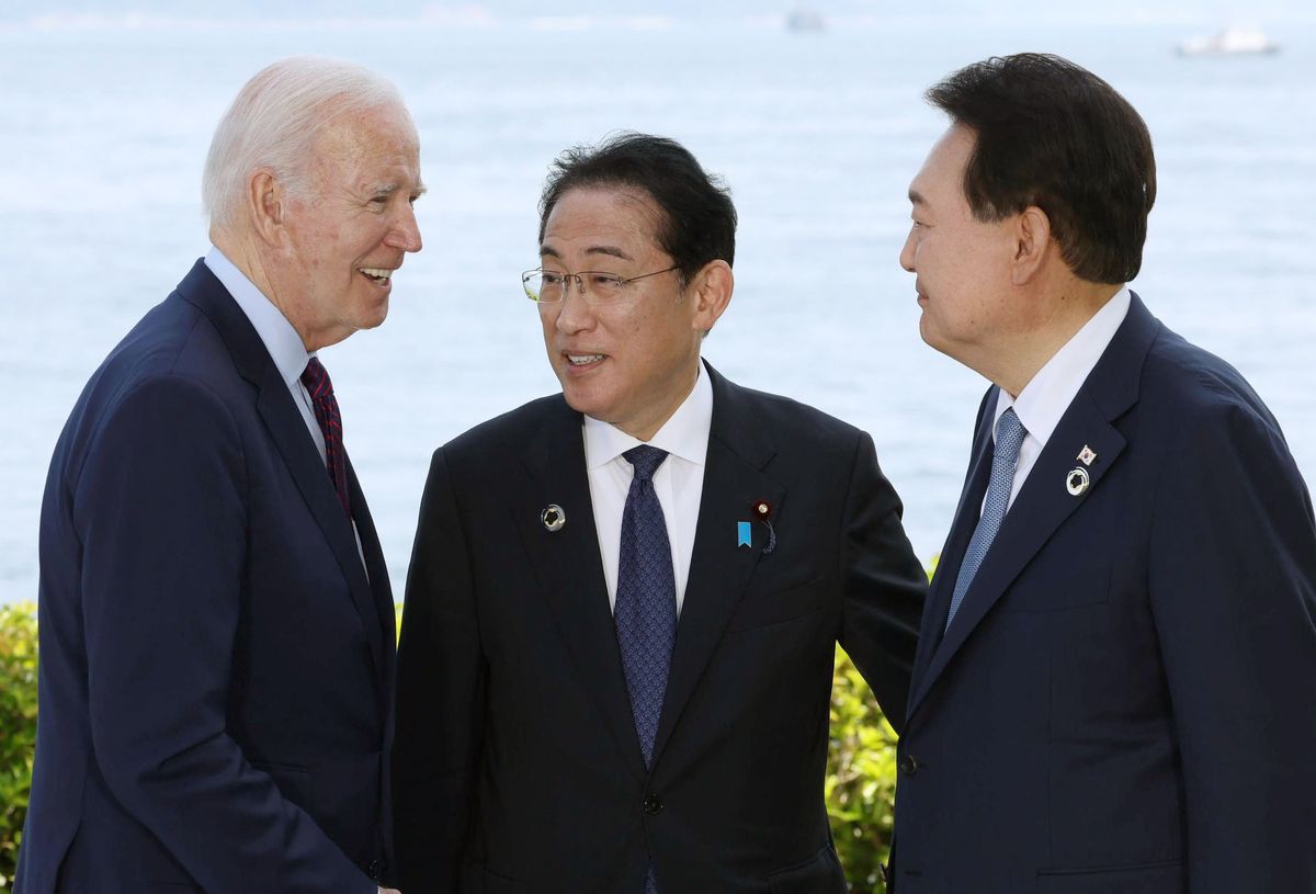 Japanese Prime Minister Fumio Kishida, U.S. President Joe Biden and South Korean President Yoon Suk Yeol.