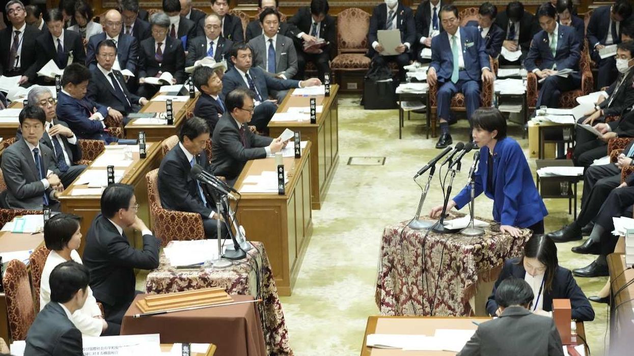 Japanese Prime Minister Sanae Takaichi answers a question during a House of Representatives Budget Committee session in Tokyo on Nov. 7, 2025.