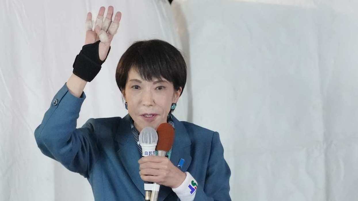 Japanese Prime Minister Sanae Takaichi, president of the Liberal Democratic Party (LDP), appeals for a candidate during a street speech of the House of Representatives Election Campaign in Shintomi Town, Miyazaki Prefecture on February 6, 2026. The Lower House election will feature voting and counting on February 8th.