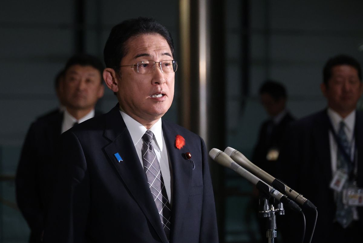 Japan’s Prime Minister Fumio Kihsida speaks to media at the Prime Minister’s office in Tokyo on Oct. 12, 2023.