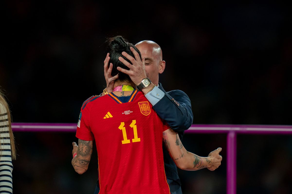 Jenni Hermoso is kissed by the president of the RFEF Luis Rubiales during the presentation ceremony of the FIFA Women's World Cup 2023 at Stadium Australia in Sydney, Australia.