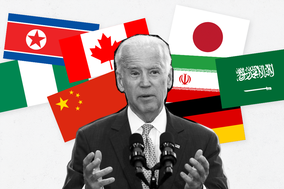 Joe Biden at a speaking lectern surrounded by an array of national flags belonging to Japan, Germany, Iran, China, Nigeria, North Korea, Canada and Saudi Arabia