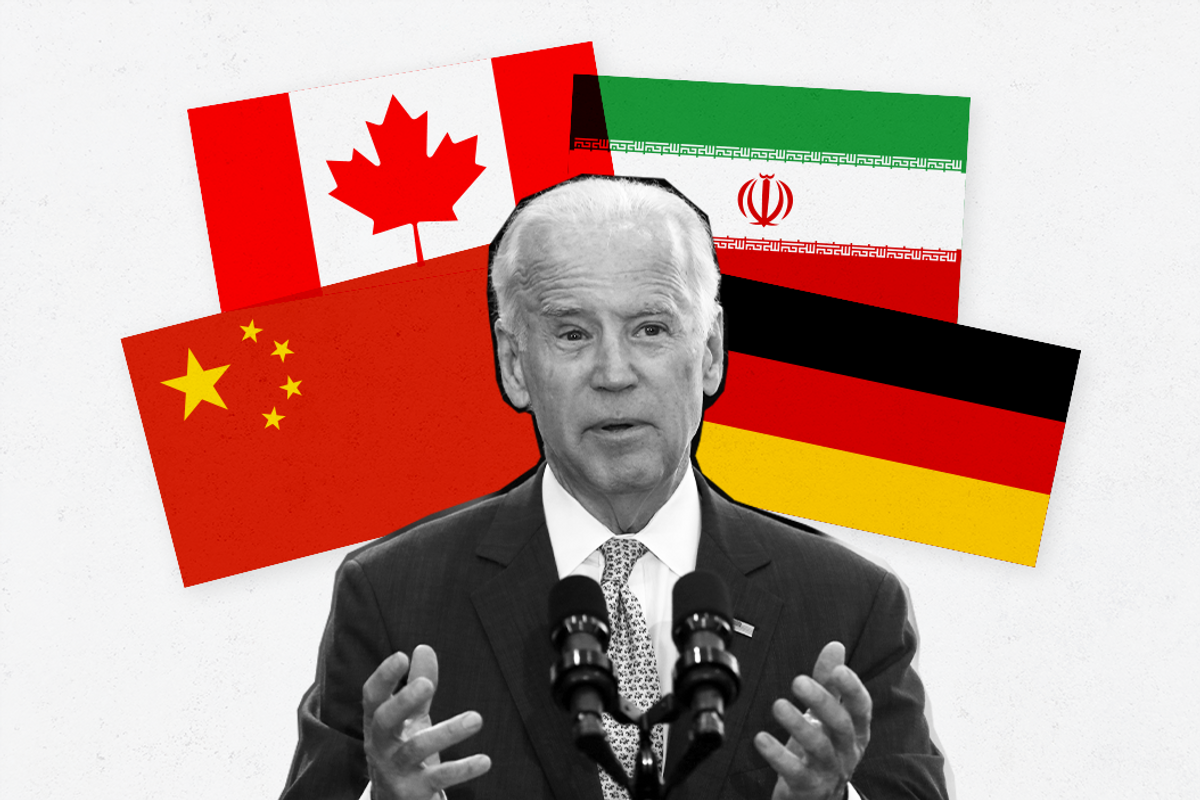 Joe Biden surrounded by the German, Iranian, Chinese, and Canadian national flags. 