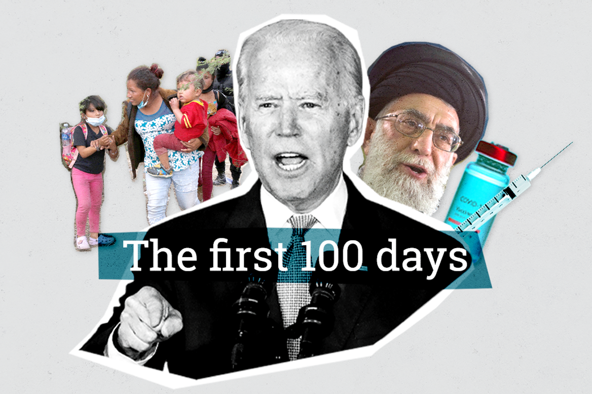 Joe Biden with copy that reads "the first 100 days" 