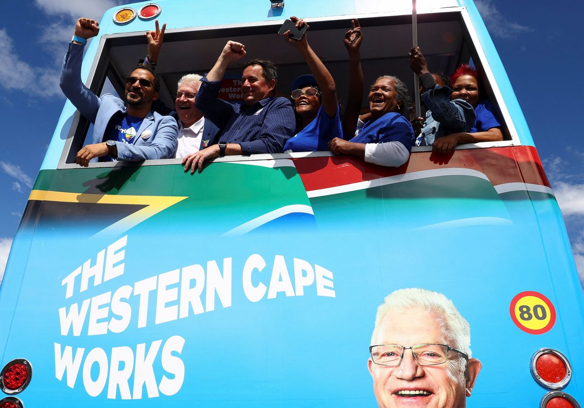 ​John Steenhuisen leader of South Africa's biggest opposition party, the Democratic Alliance, with Alan Winde, their candidate for Premier in the Western Cape, greets supporters at the political party's Western Cape election manifesto launch in Paarl, Western Cape, South Africa, April 6, 2024. 