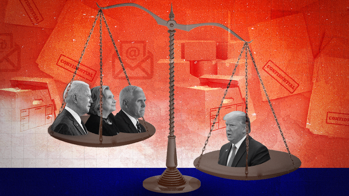 Justice scale balancing Biden, Hillary Clinton, and Mike Pence against Donald Trump