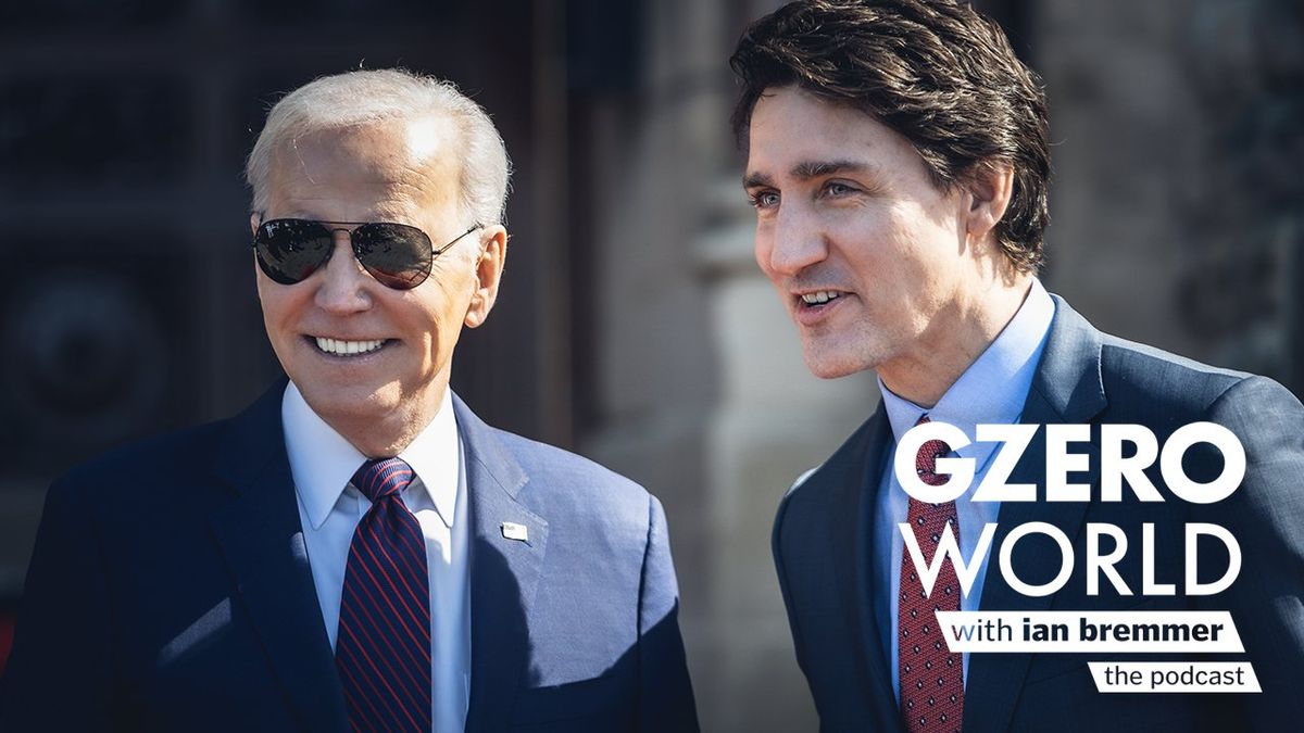 Justin Trudeau welcomes the American president during President Joe Biden's visit to Canada, March 24, 2023, Ottawa, Canada, and both are smiling  | GZERO World with Ian Bremmer - the podcast