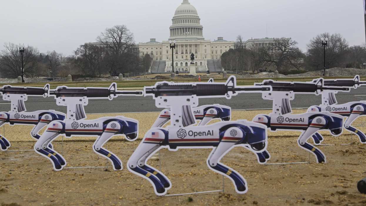 Killer robots display in front of Capitol Hill to protest against ''OpenAI's Pentagon decision'' in Washington DC, USA, on March 6, 2026.