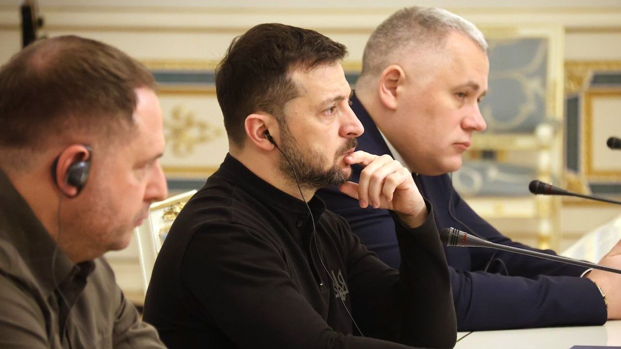 KYIV, UKRAINE - DECEMBER 9, 2024 - Head of the Office of the President of Ukraine Andriy Yermak, President of Ukraine Volodymyr Zelenskyy and Deputy Head of the Office of the President of Ukraine Ihor Zhovkva (L to R) attend a meeting with German Chancellor candidate, leader of the Christian Democratic Union Friedrich Merz, Kyiv, capital of Ukraine.