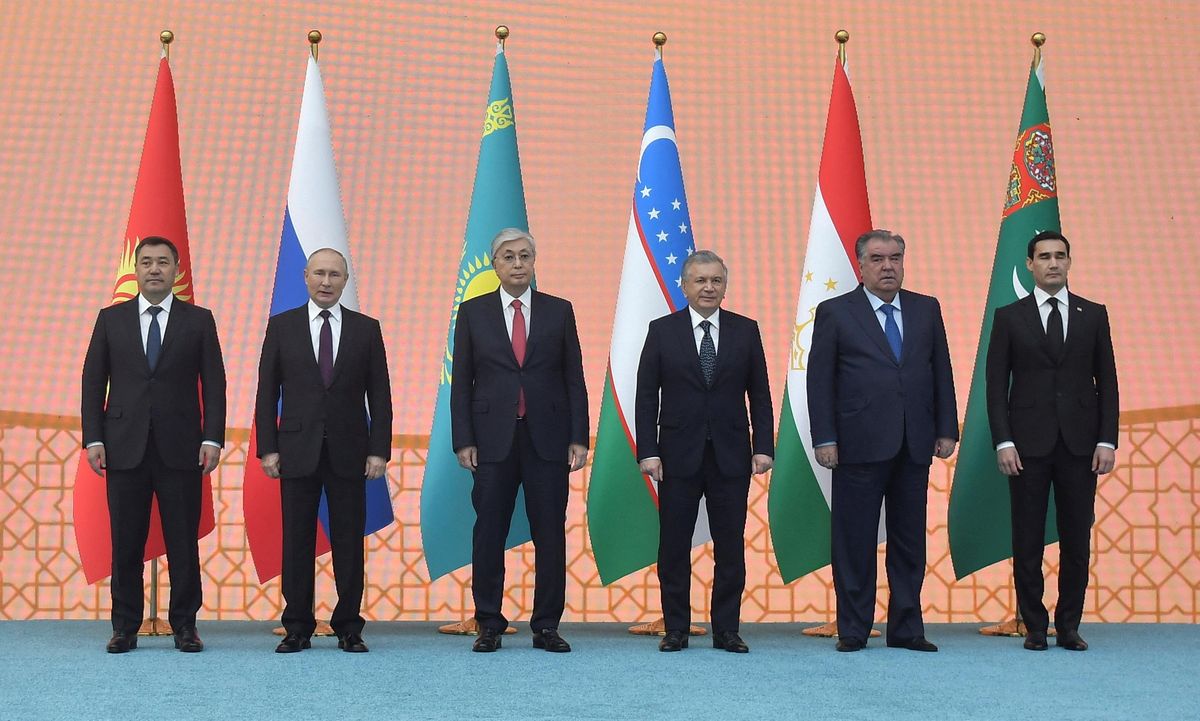 Kyrgyz President Sadyr Japarov, Russian President Vladimir Putin, Kazakh President Kassym-Jomart Tokayev, Uzbek President Shavkat Mirziyoyev, Tajik President Emomali Rakhmon, and Turkmen President Serdar Berdymukhamedov pose for a picture during the Central Asia-Russia summit in Astana, Kazakhstan.