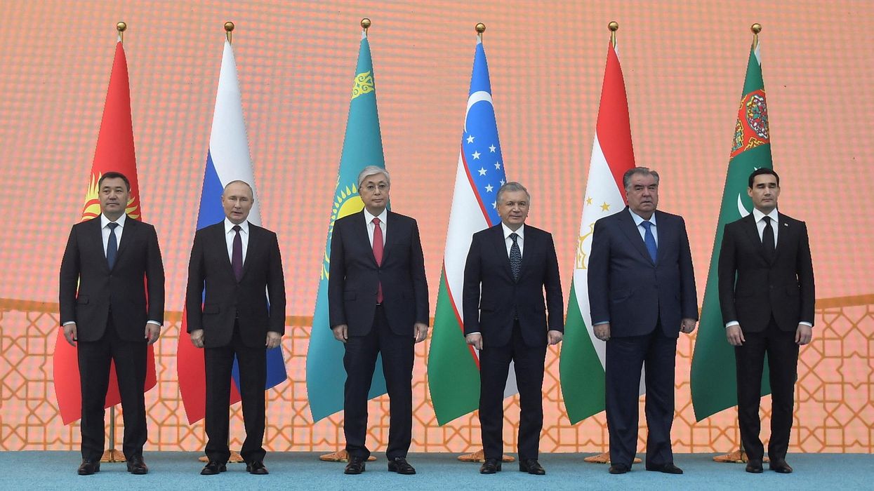 Kyrgyz President Sadyr Japarov, Russian President Vladimir Putin, Kazakh President Kassym-Jomart Tokayev, Uzbek President Shavkat Mirziyoyev, Tajik President Emomali Rakhmon, and Turkmen President Serdar Berdymukhamedov pose for a picture during the Central Asia-Russia summit in Astana, Kazakhstan.
