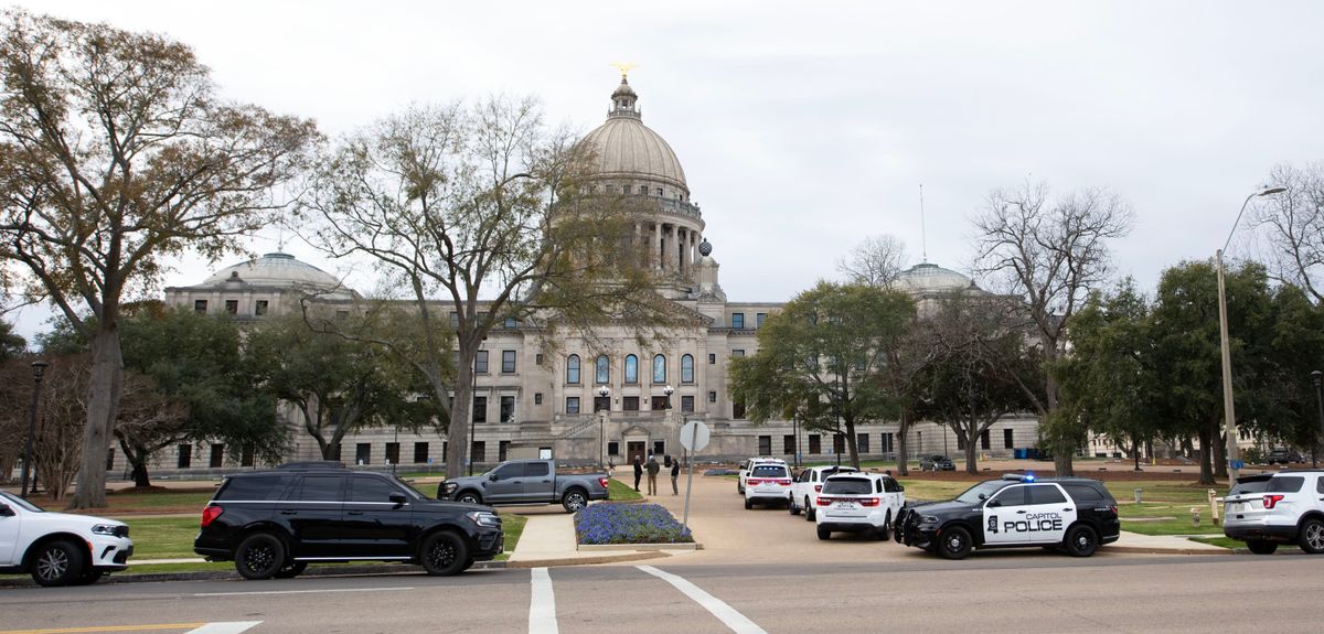 Law enforcement surround the Mississippi State Capitol