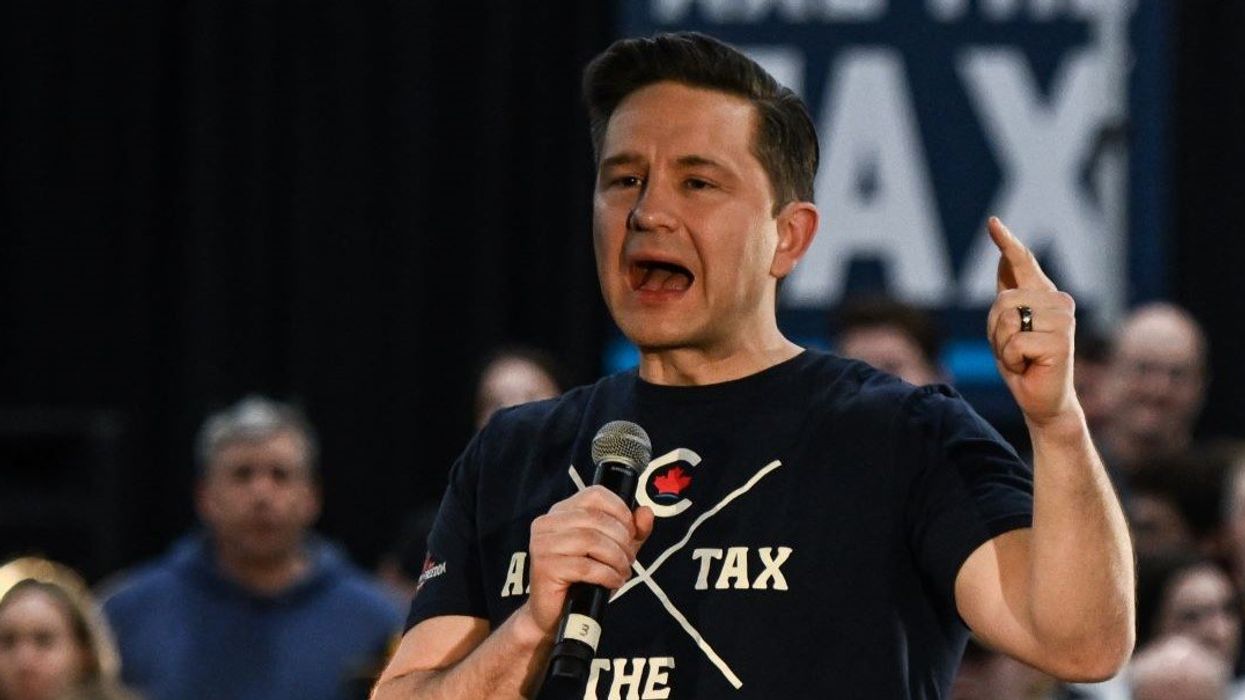 Leader of Canada's Conservative Party, Pierre Poilievre, speaks during a 'Spike the Hike - Axe the Tax' rally in Edmonton, on March 27, 2024, in Edmonton, Alberta, Canada.
