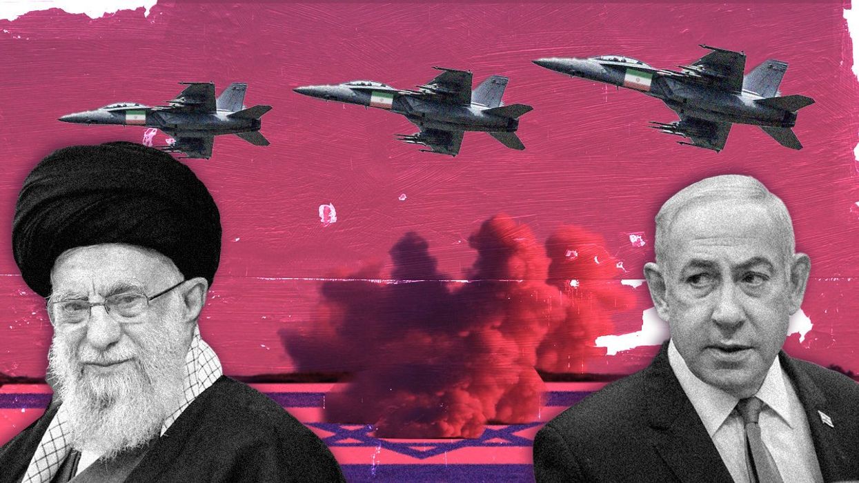 Leaders of Israel and Iran in front of fighter jets.