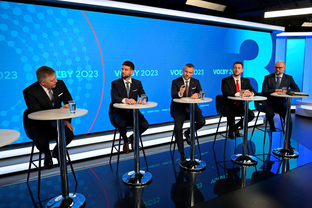 Leaders of various political parties attend a televised debate ahead of Slovak early parliamentary election.