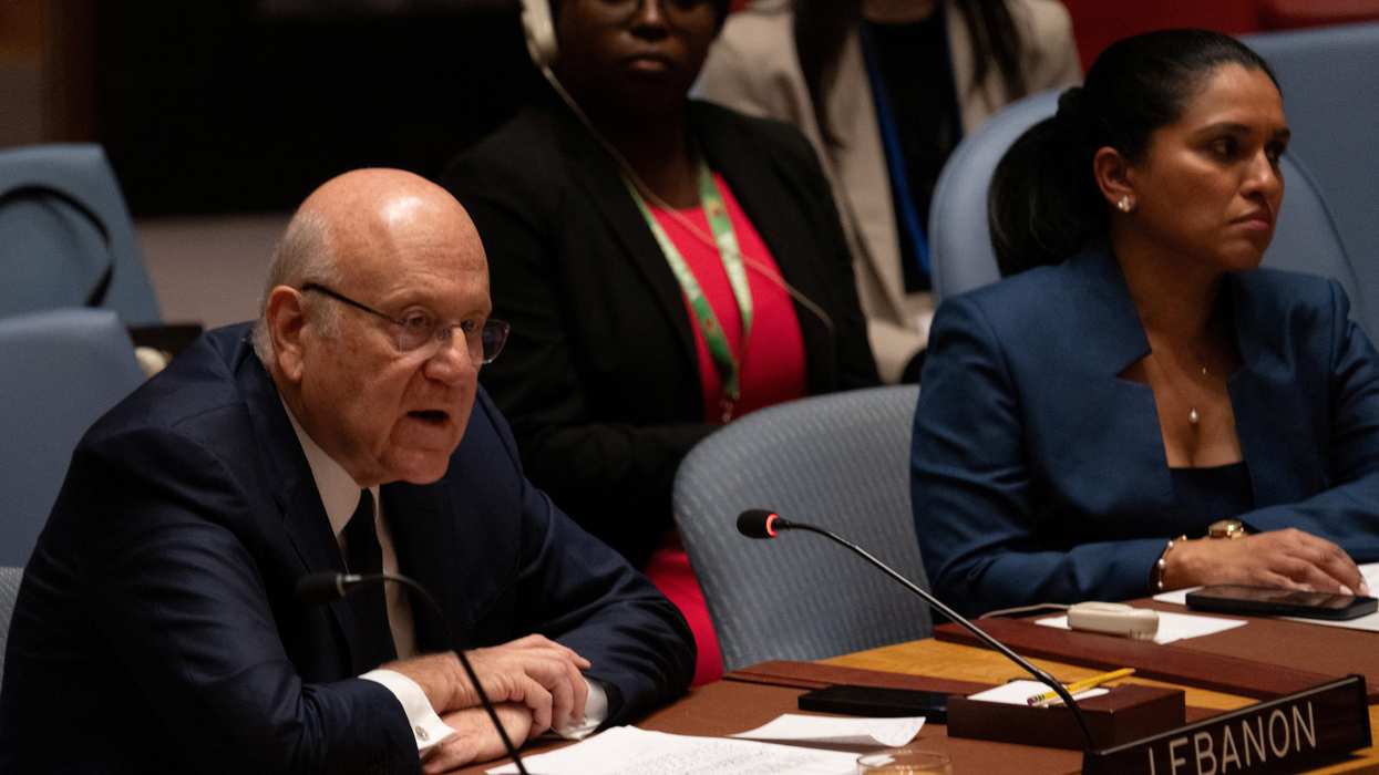 Lebanon's caretaker Prime Minister, Najib Mikati speaks at the United Nations Security Council meeting on the escalation in fighting in Lebanon between Israel and Hezbollah during the United Nations General Assembly at U.N. headquarters in New York, U.S., September 25, 2024.