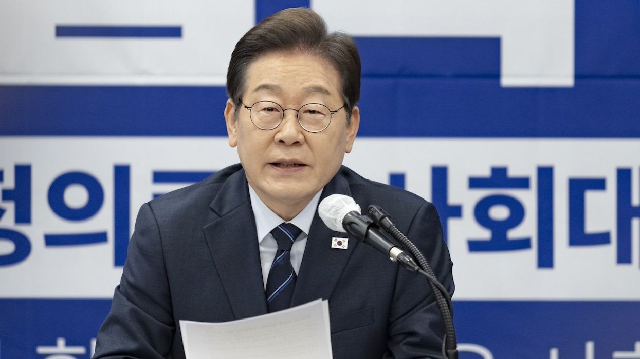 Lee Jae-myung, the presidential candidate of the Democratic Party, speaks during a policy agreement ceremony with the Korean Confederation of Trade Unions at the Korea Press Center in Seoul, South Korea, on May 1, 2025.