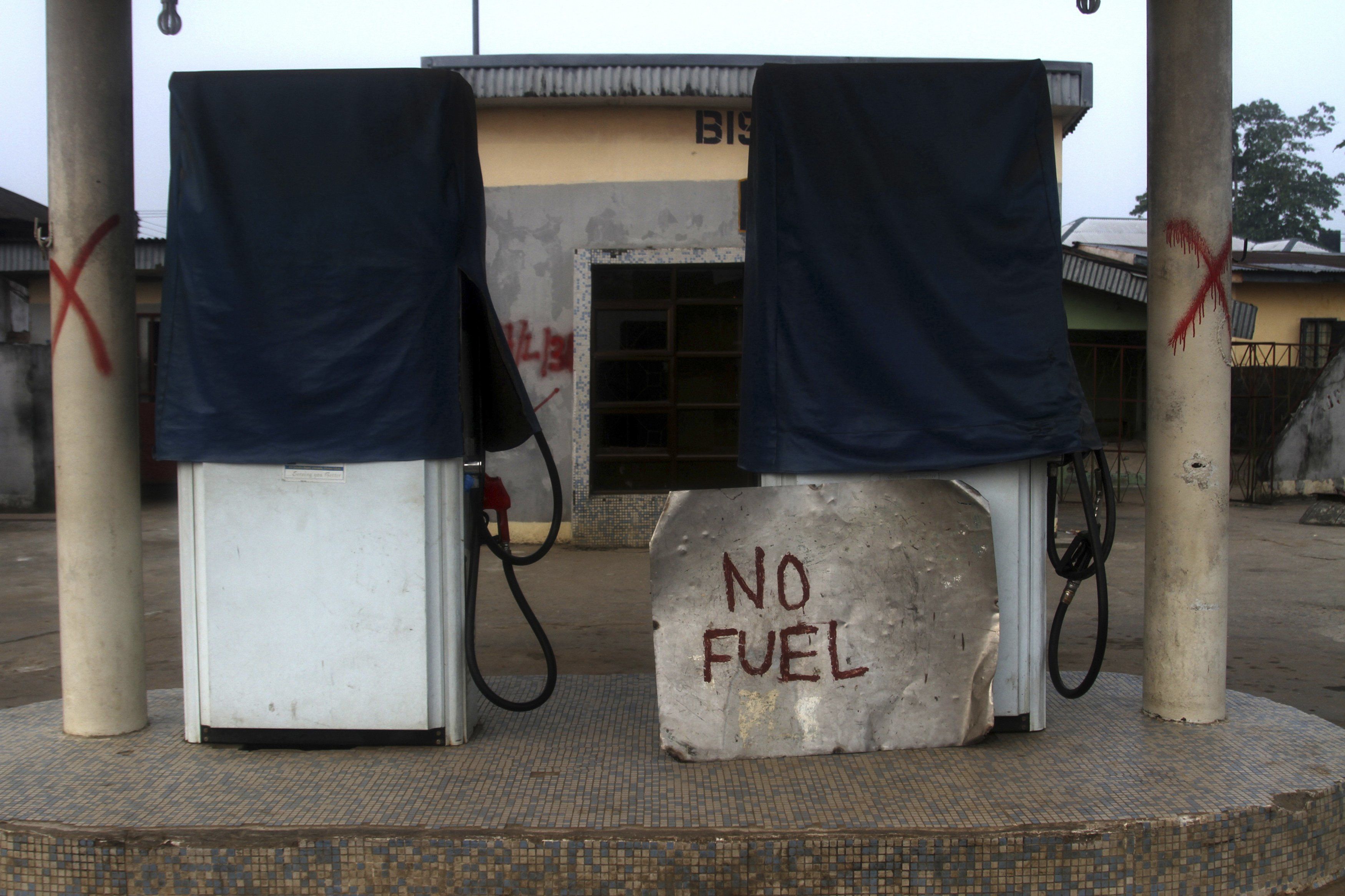 A closed fuel station is seen near Nigeria's oil hub city of Port Harcourt