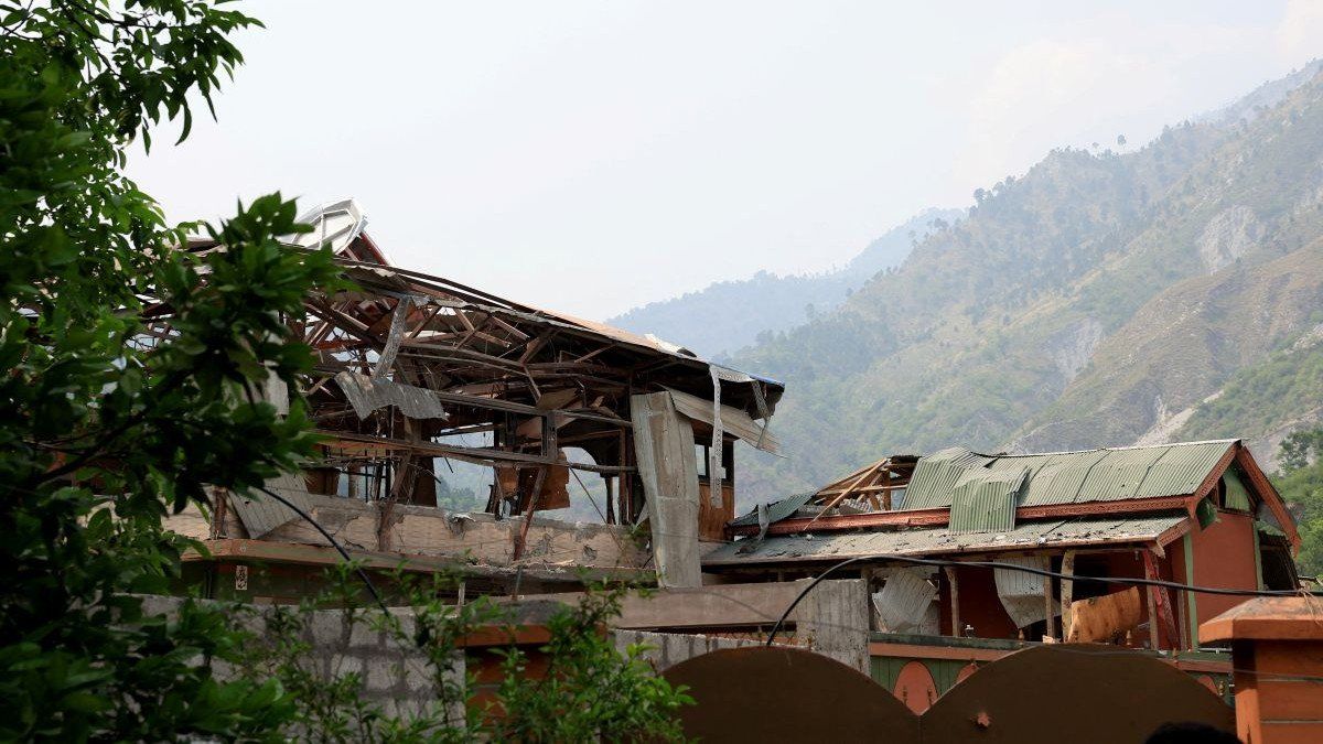 ​A damaged portion of Bilal Mosque is seen after it was hit by an Indian strike in Muzaffarabad, the capital of Pakistan-administered Kashmir, on May 7, 2025.