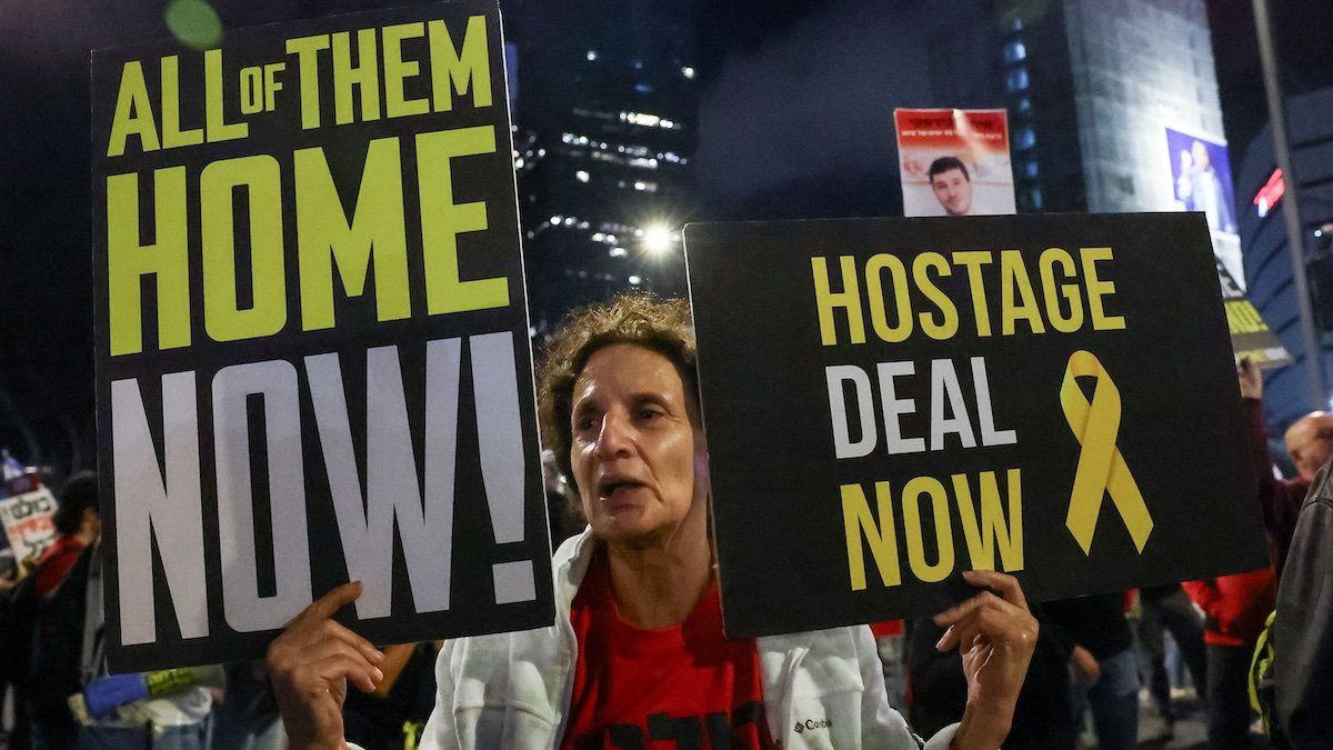 ​A demonstrator during a protest against Israeli Prime Minister Benjamin Netanyahu's government and to call for the release of hostages kidnapped by Hamas from Gaza, in Tel Aviv, Israel, April 6, 2024.