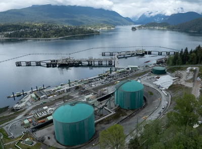 A drone view of three berths able to load vessels with oil is seen after their construction at Westridge Marine Terminal, the terminus of the Canadian government-owned Trans Mountain pipeline expansion project in Burnaby, British Columbia, Canada, April 26, 2024.